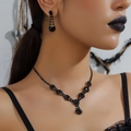 Elegant black butterfly necklace and tassel earrings set worn by model for high-end look - DTN14027326GU-BK-Gunblack Rhinestone Elegant