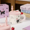 Cute ceramic cat mug with pink lid, straw, and gift box featuring cherry patterns - Striped Cat - Color Box