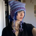 Handmade crochet cat ear hat with purple and light blue stripes and decorative ties - Adult 56-59cm / Blue Purple Striped