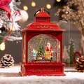 Red vintage train lantern with 25cm height featuring Santa Claus and Christmas tree scene - Red Cabin Santa & Girl