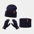 Detail of 3-in-1 navy knit set with beanie, scarf, touchscreen gloves and leather labels - Navy Blue