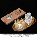 Glass crown candle holder set with gold tray, tealights, and angel figurine decor - Transparent Crown Holder + Cute Angel (White) Set