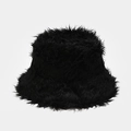 Close-up of black fluffy faux fur bucket hat with soft plush texture for winter warmth - M (56-58cm) / Black