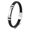 Men's black braided leather bracelet with silver stainless steel magnetic plate - 19cm / Steel