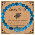 Blue natural stone beaded bracelet with lucky turtle charm on kraft card packaging - Apatite