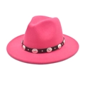 Detail of rose pink wool fedora with black leather belt and embossed silver buckles - M (56-58cm) / Rose Red