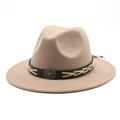 Beige wool fedora hat with a leather band and vintage bull head metal badge - M (56-58cm) / Light Purple Grey