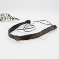 Detail view of brown leather hat band with bronze floral ornament and square metal studs - Brown Flower Stud Choker Style (14)