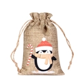 Christmas burlap drawstring gift bag featuring a cute cartoon penguin illustration - Christmas Penguin H-04 / 10*15cm
