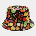 Detail showing high-quality stitching and colorful vegetable print on a black bucket hat - Black Base Vegetable Print (1# Color)