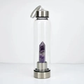 Glass energy water bottle with silver metal base and a purple hexagonal crystal wand - Dream Amethyst Bottle