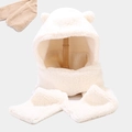 Creamy white 3-in-1 plush bear ear hat with hooded scarf and pocket mittens set - M (56-58cm) / Bear Ears No Pockets 2-Piece Set Off-White