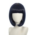 Detail view of smooth dark blue short bob wig with neat bangs on a mannequin head - Dark Blue