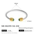 Detailed specs of stainless steel cable cuff bracelet with green stone and gold accents - Silver Body Gold Cap With Green Zirconia (NB-B6299-SG-GN)