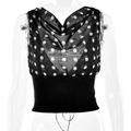 Detailansicht von Polka-Dot-Mesh-Oberteil mit Wasserfallausschnitt und Rippbund - L / Schwarz
