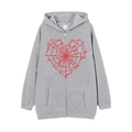 Gray zip-up hoodie with red heart spider web graphic print in size Medium - Light Grey (Red Spider Web Heart)