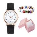 Set orologio al quarzo luminoso con cassa oro rosa, cinturino nero e bracciale di perle - Nero + Bracciale + Scatola