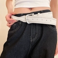 Ceinture en cuir blanc avec double rangée de clous argentés et boucle mate - 42# Rivets ronds argentés à double rangée blancs