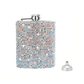 Sparkling silver stainless steel hip flask set with colorful rhinestones and funnel - Iridescent White