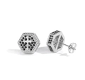 Silver-tone hexagonal stud earrings with black zircon and cross relief design - Platinum + Black