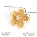 Hollow gold camellia ring in stainless steel with center pearl and adjustable band - Hollow Filigree Wire Flower With Pearl Style (YYR025258) / Adjustable Open