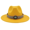 Detail of yellow wool felt fedora with turquoise ethnic ribbon and silver embellishment - M (56-58cm) / Yellow