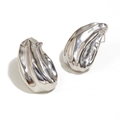 Pair of irregular streamline wavy silver stud earrings in polished stainless steel - Wrinkled Waterdrop - Silver