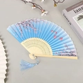Bamboo folding fan with blue gradient silk, pink cherry blossoms and blue tassel - Blue Butterfly
