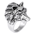 Gothic wolf head ring with skull and feather details in vintage silver finish for men - US 8 / Wolf Head Feather Style(KR18332-D)