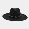 Detail of black fedora hat featuring ethnic beaded band with turquoise stone and leaf charm - Turquoise Leaf Pendant Ethnic Woven Band (Color 15)