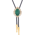Detail of vintage gold bolo tie with green malachite stone and black braided leather cord - 21 (Gold with Malachite)