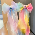 Rainbow gradient tulle bow hair clip with gold trim and drop-shaped crystal gemstone - Set Blue And Rainbow With Gemstone