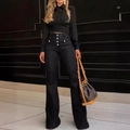 Vaqueros acampanados negros para mujer de talle alto con botones y corte ajustado - S / Bottoms / Negro
