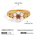 Gold stainless steel ring with purple gem and pearl flower design in waterproof finish - US 7 / Gold Pearl Flower(JDR0112057)