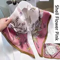 Elegant silk scarf featuring pink and white seashell patterns and floral prints - Floral Pink Square Handkerchief / 65
