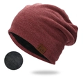 Thick burgundy knitted beanie hat with warm black fleece lining and F&S leather patch - Fleece Lined / Burgundy
