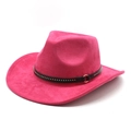 Detail of rose red suede cowboy hat featuring a black studded leather band with gold buckle - M(56-59CM) / Rose Red