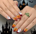 Detailed view of Halloween almond press-on nails with cute pumpkin and ghost patterns - Halloween Pumpkin Ghost Style (AW472)
