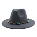 Detailed view of dark grey wool fedora featuring emerald stones and gold chain decoration - M (56-58cm) / Dark Gray