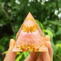 Handmade resin pyramid with pink crystal sphere, golden lotus and gold foil accents - Style 19