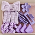 Lavender beauty set featuring plush bow headband, hair clips, and velvet scrunchies in a tray - Purple Collection (12-Piece Set)