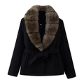 Women's black wool coat with plush faux fur collar and adjustable waist belt tie - S / Black