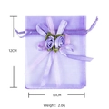 Detail of purple organza gift bag with satin rose decoration and 12x10cm size marking - Light Purple
