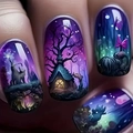 Square press-on nails featuring a mystical forest treehouse and butterfly art design - Dreamy Forest Wolf Style (CW735) / 24Pcs Set (Includes Jelly Glue + File)