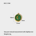 Macro view of oval green enamel pendant with gold moon, blue gem and dimensions - Green Moon
