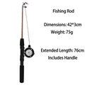 Retractable brown fishing rod cat toy attachment with reel and handle, 76cm length - Cat Teaser Fishing Rod / [product Attributes] This Product Is A Portable Fishing Rod Visually Appearing To Have A Two-section Or Telescopic Structure. It Features A Brown Wood-colored Rod Body With A Black Handle And Comes With A Reel. The Image Shows The Folded State As [length X Width: 42 X 3 Cm] [weight: 75g] And [extended Length: 76 Cm] And Includes A Non-slip Handle. [visual Presentation] The Image Is Taken Against A Pure White Background With The Product Positioned On The Left And The Text On The Right. Image Quality Is [medium] With Sufficient Clarity To Identify Product Details But The Lighting Is Flat. Aesthetic Appeal Is [low] With An Overall Score Of [5.5]. The Main Issue Is The Overly Simplistic Background Lacking Brand Appeal And Scene Attraction. [text Content] All Text Groups Are In The "to_translate" Format Containing The Product Name (fishing Rod) And Specifications (size Weight Functions). It Is Recommended To Translate These Into Corresponding English Technical Terms. [logistics Tags] None [infringement Risk] Product Infringement: None Probability [0.0]. Background Infringement: None. 【product Parameters】size: 42cm (folded) / 76cm (extended); Weight: 75g; Configuration: Includes Reel And Handle.
