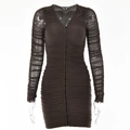 Detail of V-neck mesh dress featuring front zipper closure and ruched fabric texture - S / Brown