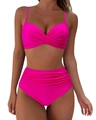 Detail der hellrosa High-Waist-Bikinihose mit stilvollem gerafftem Bauchweg-Design - S / Rosarot