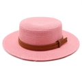 Pink flat top boater straw hat with brown faux leather belt buckle trim for summer travel - Dusky Pink