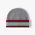 Mid-grey wool knit beanie for men and women featuring red and black striped fold-over cuff - One Size / Medium Grey